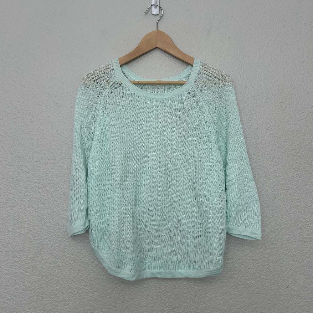 Women’s Turquoise Open-Knit Crew Neck Pullover Sweater Raglan 3/4 Sleeve